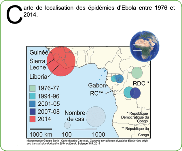 Carte de localisation des pid mies d’Ebola entre 1976 et 2014. ￼