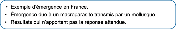 • Exemple d’ mergence en France. • mergence due   un macroparasite transmis par un mollusque. • R sultats qui n’appo...
