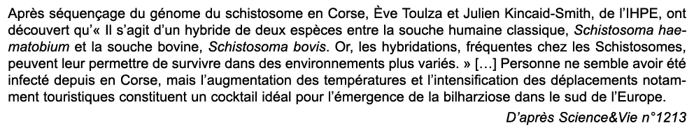 Apr s s quen age du g nome du schistosome en Corse, ve Toulza et Julien Kincaid Smith, de l’IHPE, ont d couvert qu’«...