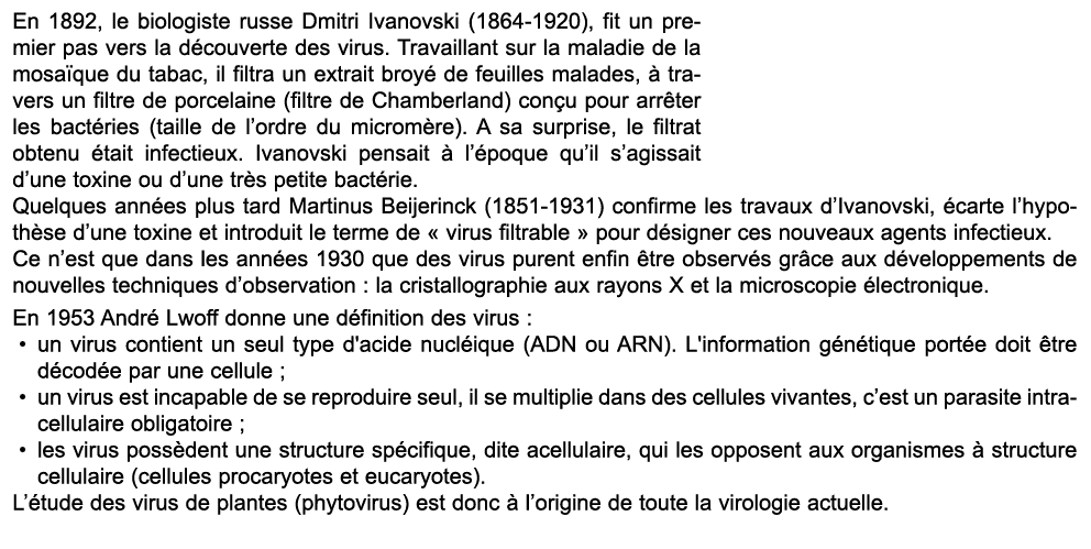 En 1892, le biologiste russe Dmitri Ivanovski (1864 1920), fit un premier pas vers la d couverte des virus. Travailla...