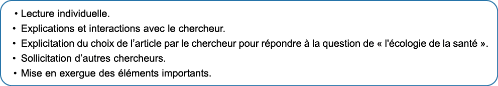 • Lecture individuelle. • Explications et interactions avec le chercheur. • Explicitation du choix de l’article par l...