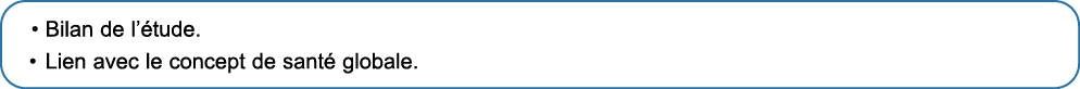 • Bilan de l’ tude. • Lien avec le concept de sant globale.