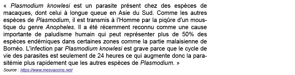 « Plasmodium knowlesi est un parasite pr sent chez des esp ces de macaques, dont celui  longue queue en Asie du Sud....