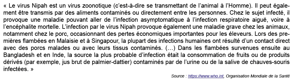 « Le virus Nipah est un virus zoonotique (c’est  dire se transmettant de l’animal   l’Homme). Il peut  galement  tre...