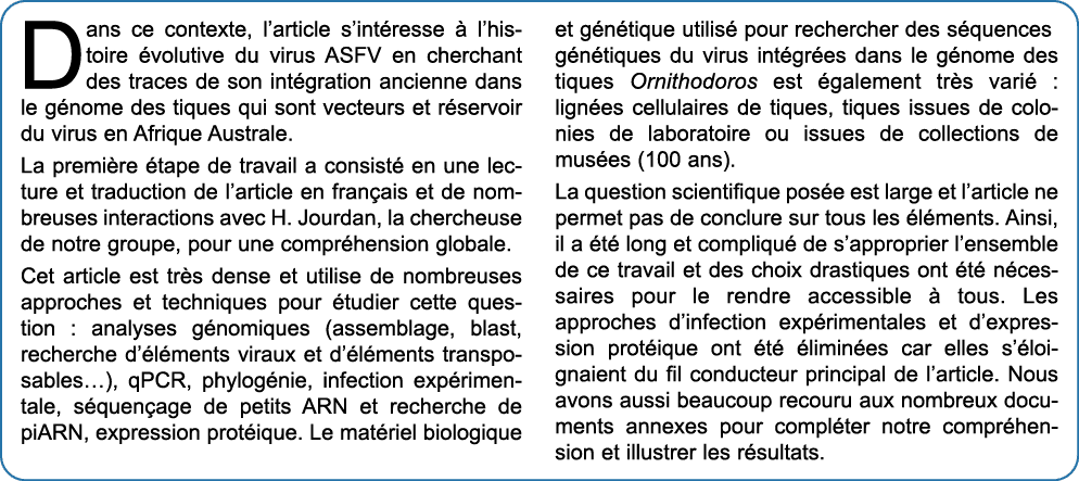 Dans ce contexte, l’article s’int resse  l’histoire  volutive du virus ASFV en cherchant des traces de son int grati...