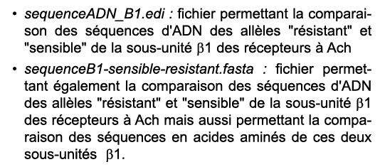 • sequenceADN_B1.edi : fichier permettant la comparaison des s quences d'ADN des all les \“r sistant\" et \"sensible\...