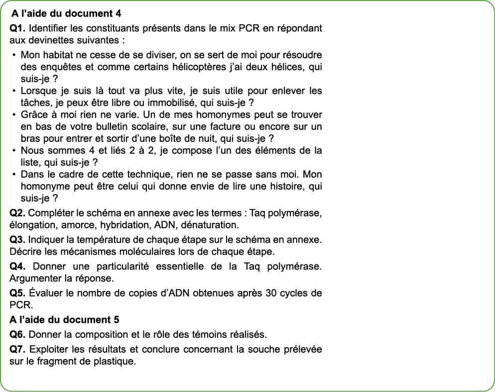 A l’aide du document 4 Q1. Identifier les constituants pr sents dans le mix PCR en r pondant aux devinettes suivantes...