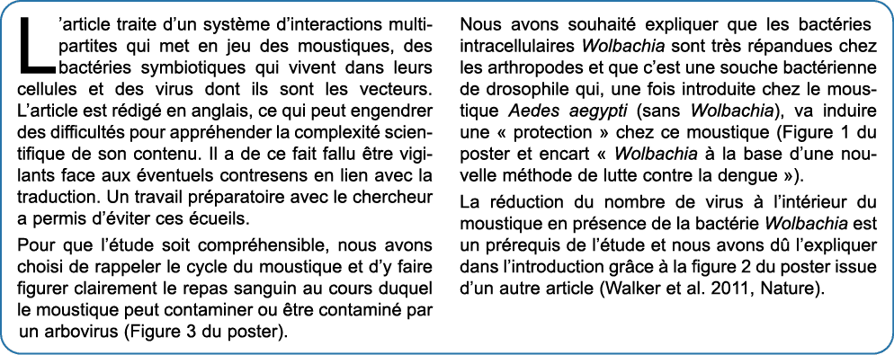 L’article traite d’un syst me d’interactions multipartites qui met en jeu des moustiques, des bact ries symbiotiques ...