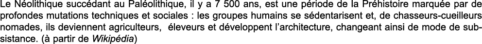 Le N olithique succ dant au Pal olithique, il y a 7 500 ans, est une p riode de la Pr histoire marqu e par de profond   