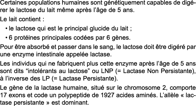 Certaines populations humaines sont g n tiquement capables de dig rer le lactose du lait m me apr s l  ge de 5 ans      