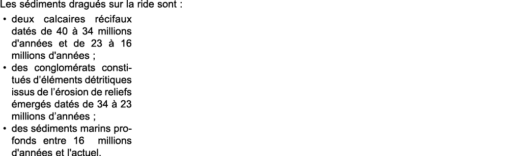 Les s diments dragu s sur la ride sont : deux calcaires r cifaux dat s de 40   34 millions d'ann es et de 23   16 mil   